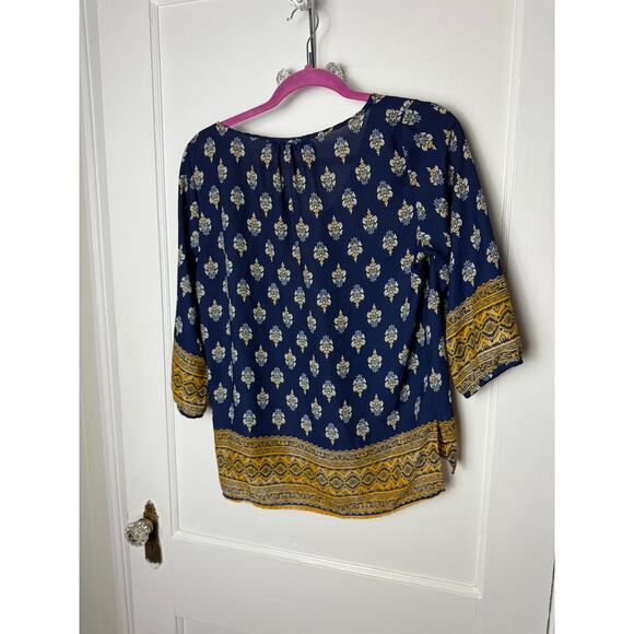 Renee C Block Print Flowy Blouse Women's Small Navy Blue Gold V-neck Top Shirt - Picture 5 of 5